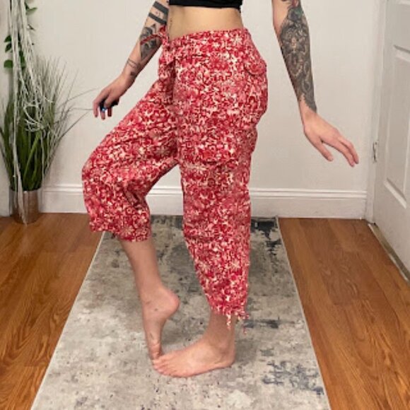 Marella Mid Rise Floral Crop Cargo Pants Tie-Waist Straight Leg Size 10 Red - Picture 4 of 12